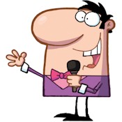 Cartoon drawing of an announcer or stand-up comic