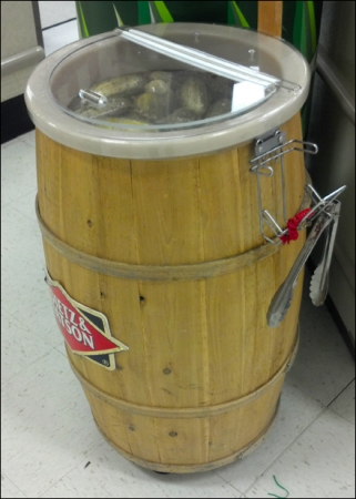 Grocery store pickle barrels